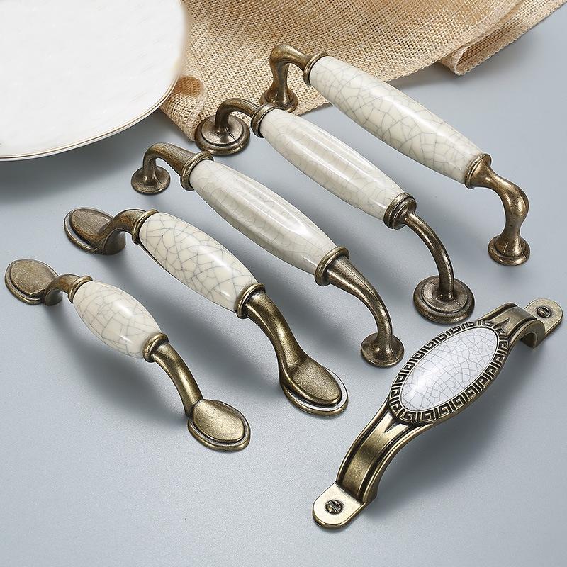 Vintage Metal Ceramic Cabinet Handles Bronze Base Classic Kitchen Furniture Drawers Dresser Pulls Elegant White Crackle Glaze Door Hardware