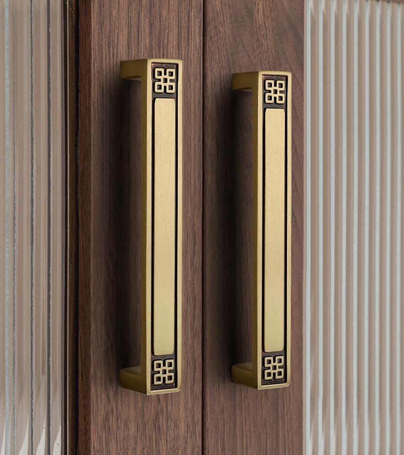 Oriental Asian Style Solid Brass Cabinet Handles Geometric Pattern Drawer Pulls Gold Black Beige Knobs Modern Hardware Kitchen Bathroom