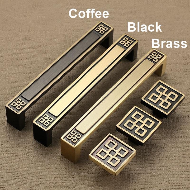 Oriental Asian Style Solid Brass Cabinet Handles Geometric Pattern Drawer Pulls Gold Black Beige Knobs Modern Hardware Kitchen Bathroom