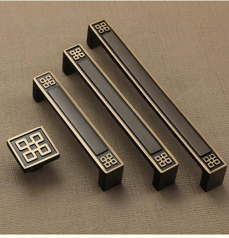 Oriental Asian Style Solid Brass Cabinet Handles Geometric Pattern Drawer Pulls Gold Black Beige Knobs Modern Hardware Kitchen Bathroom