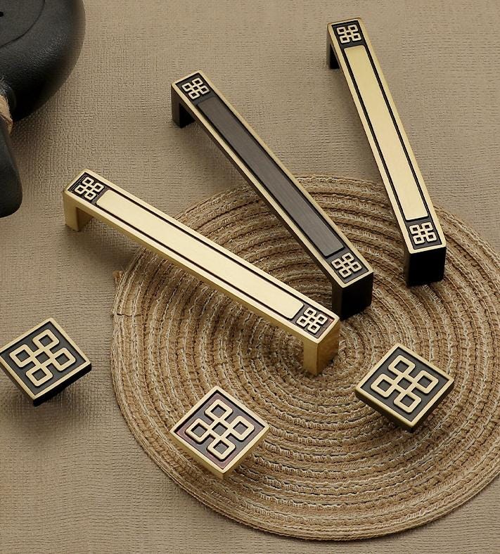 Oriental Asian Style Solid Brass Cabinet Handles Geometric Pattern Drawer Pulls Gold Black Beige Knobs Modern Hardware Kitchen Bathroom