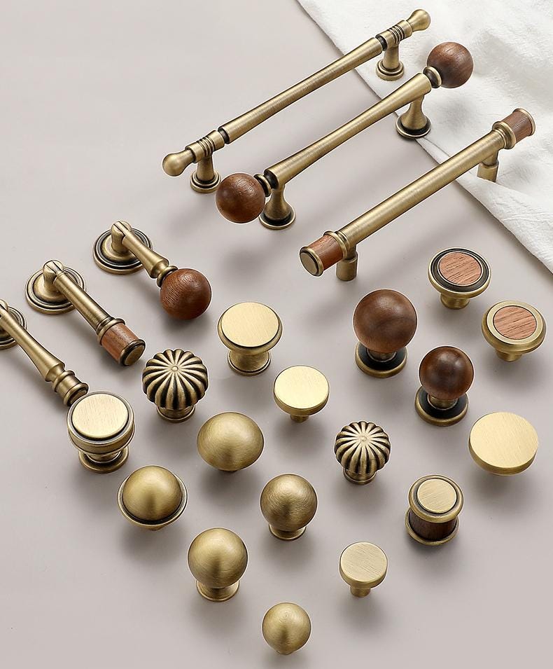 Vintage Wood Solid Brass Cabinet Handles Knobs Dresser Drawer Kitchen Wardrobe Classic Retro Rustic Loft Style Antique Furniture Pulls