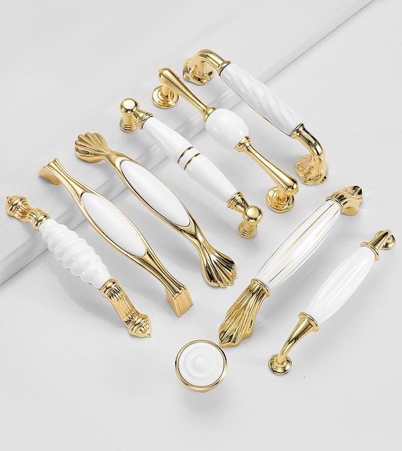 Elegant Classic White Ceramic Gold Metal Cabinet Handles Knobs Drawer Furniture Baroque Style Pulls Retro Art Deco Decorative Hardware