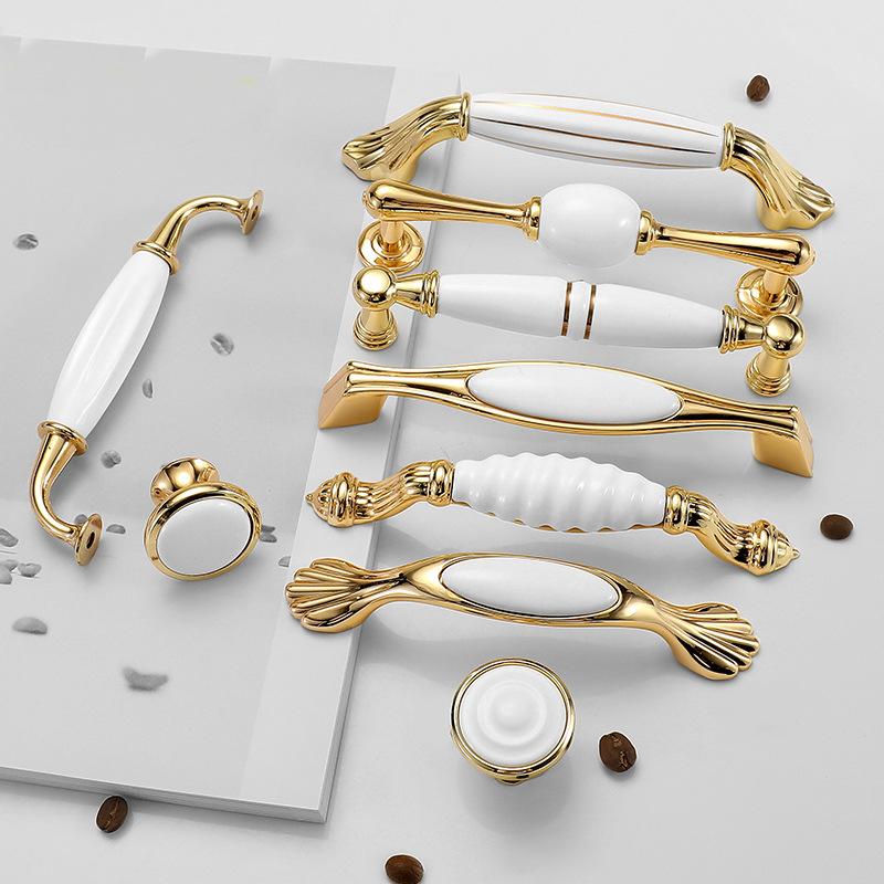 Elegant Classic White Ceramic Gold Metal Cabinet Handles Knobs Drawer Furniture Baroque Style Pulls Retro Art Deco Decorative Hardware