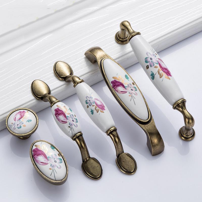 Vintage Ceramic Metal Cabinet Handles Bronze Floral Drawer Pulls Classic Kitchen Knobs Wardrobe Handles Furniture Hardware Provence Style