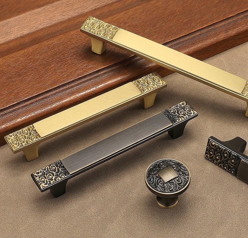 Oriental Chinese Style Solid Brass Cabinet Handles Gold Drawer Pulls Carved Pattern Furniture Knobs Art Deco Door Handles Elegant Hardware