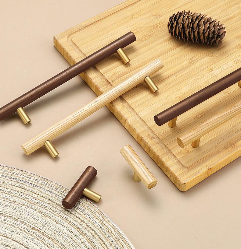 Scandinavian Wooden Metal Cabinet Handles Japandi Style Drawer Pulls Minimalist Natural Wood Knobs for Kitchen Wardrobe Furniture