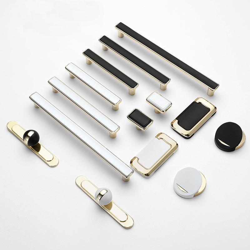 Modern Minimalist Gold Edge Metal Cabinet Handles Knobs Black White Finish Drawer Wardrobe Dresser Kitchen Furniture Luxury Hardware
