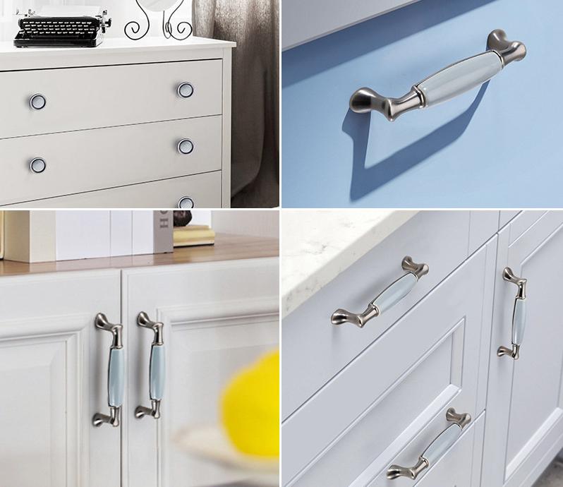 Classic Metal Cabinet Handles Light Blue Ceramic Drawer Pulls Brushed Nickel Base Kitchen Dresser Wardrobe Furniture Vintage European Style