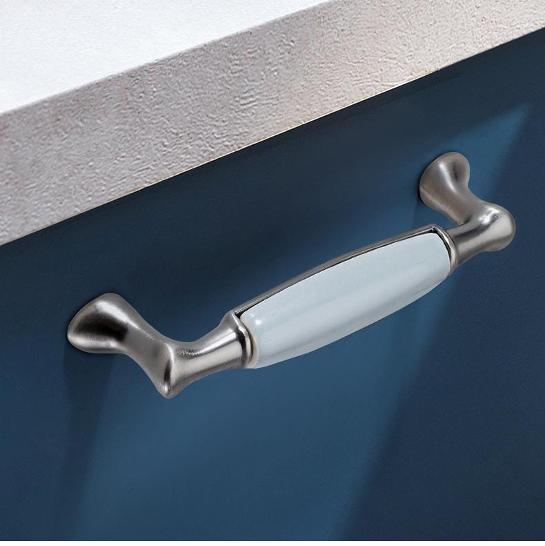 Classic Metal Cabinet Handles Light Blue Ceramic Drawer Pulls Brushed Nickel Base Kitchen Dresser Wardrobe Furniture Vintage European Style