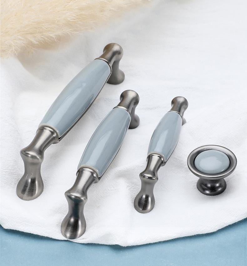 Classic Metal Cabinet Handles Light Blue Ceramic Drawer Pulls Brushed Nickel Base Kitchen Dresser Wardrobe Furniture Vintage European Style