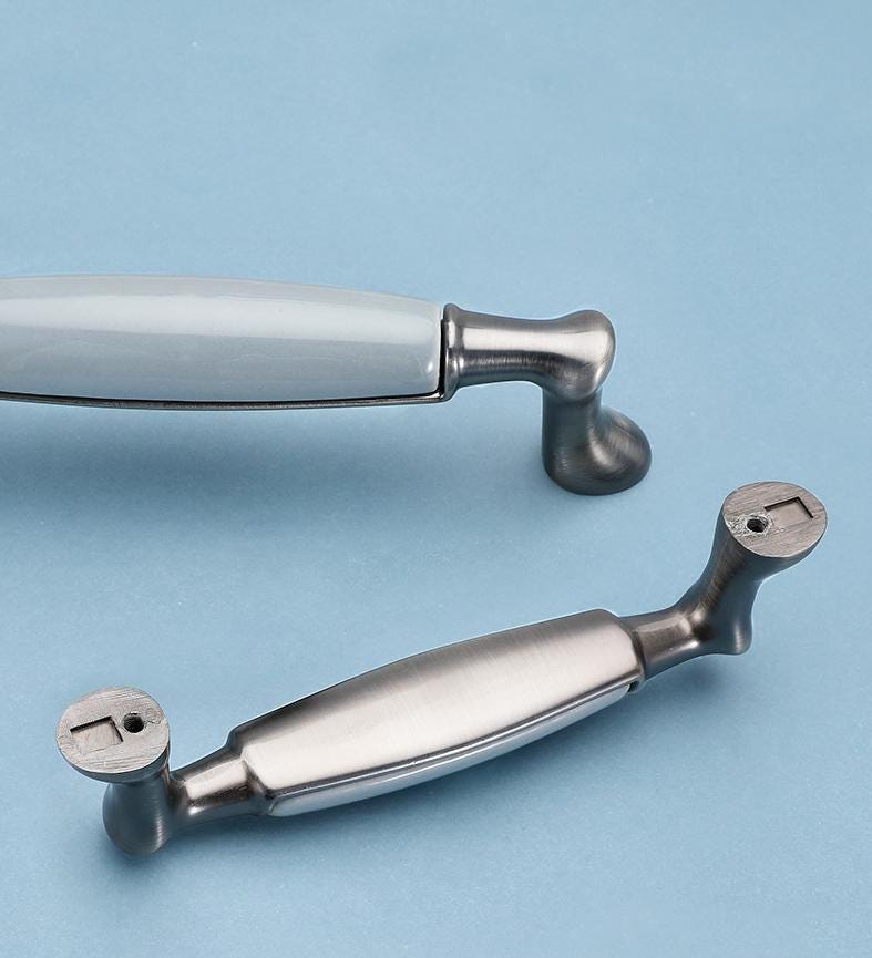 Classic Metal Cabinet Handles Light Blue Ceramic Drawer Pulls Brushed Nickel Base Kitchen Dresser Wardrobe Furniture Vintage European Style