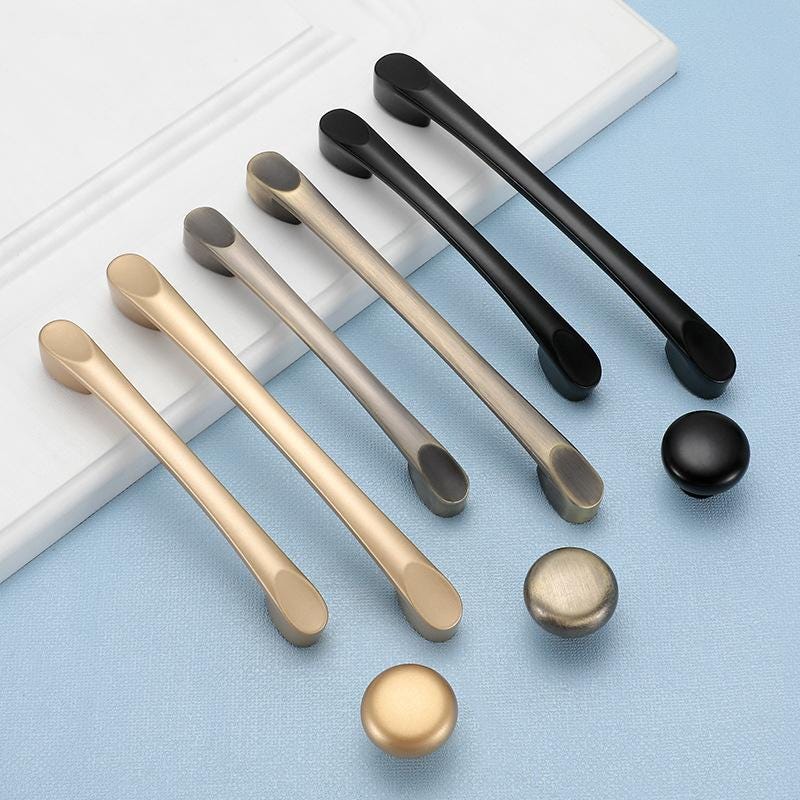 Modern Sleek Metal Cabinet Handles Knobs Gold Black Brushed Finishes Drawers Kitchen Cabinets Cupboards Wardrobes Minimalist Contemporary