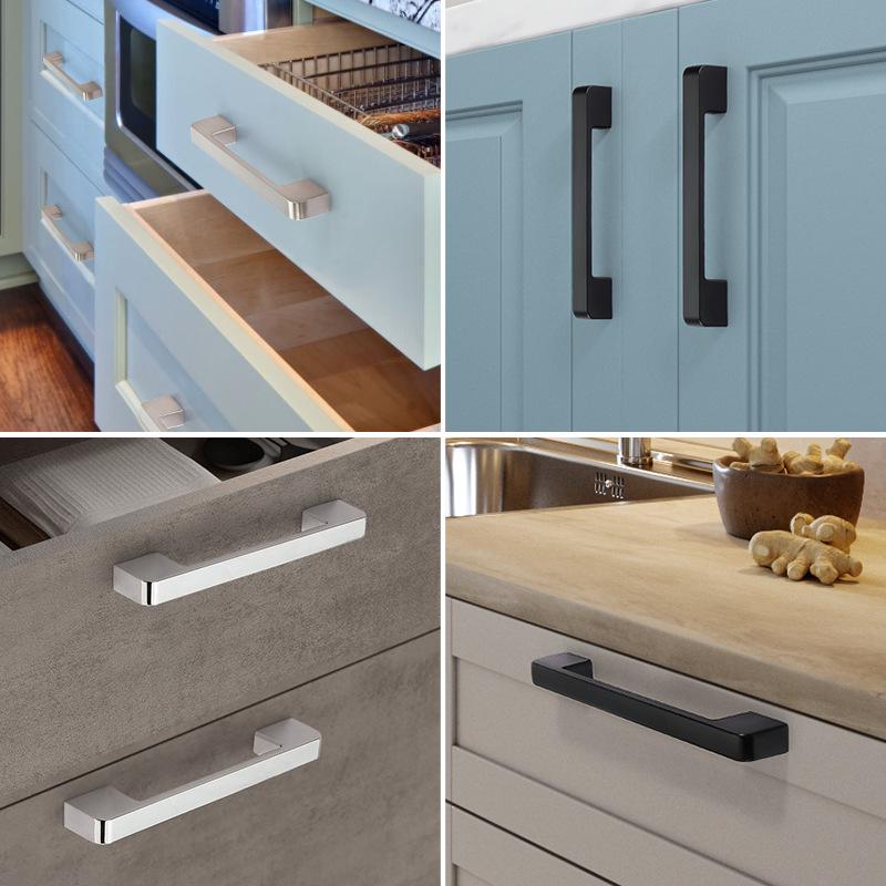 Modern Rectangular Metal Cabinet Handles Knobs Black Chrome Silver Gold Finishes Kitchen Cabinets Drawers Wardrobes Cupboards Minimalist