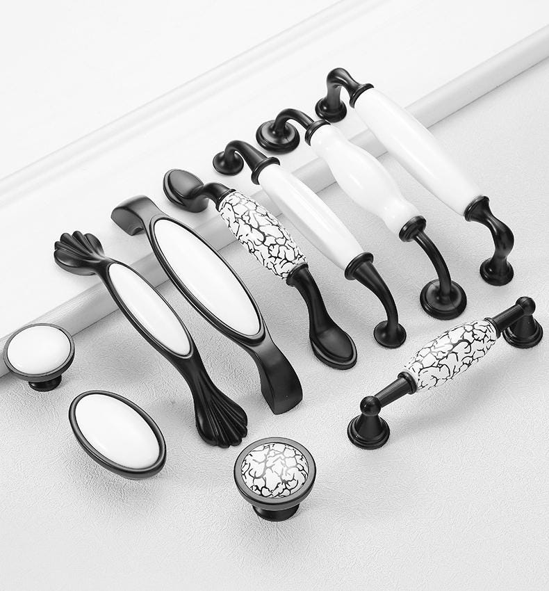 Vintage Black White Metal Cabinet Handles Ceramic Knobs Classic Provence Style Kitchen Cabinets Drawers Cupboards Furniture Elegant Design