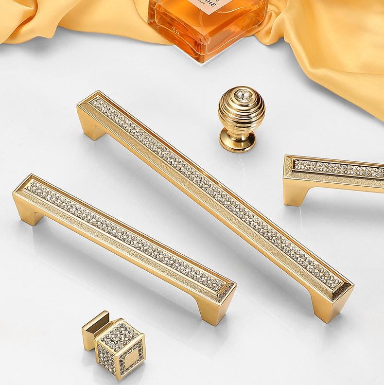 Gold Metal Crystal Cabinet Pulls Luxury Glam Handles Drawers Dressers Furniture Art Deco Style Decorative Sparkle Drawer Door Handle Knobs