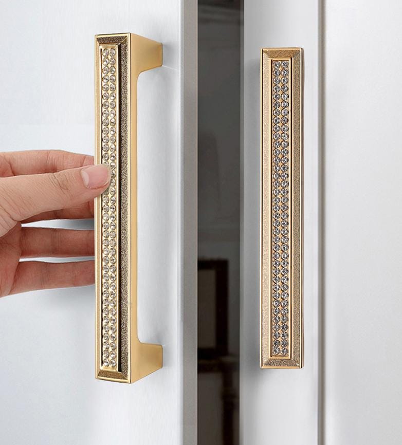 Gold Metal Crystal Cabinet Pulls Luxury Glam Handles Drawers Dressers Furniture Art Deco Style Decorative Sparkle Drawer Door Handle Knobs