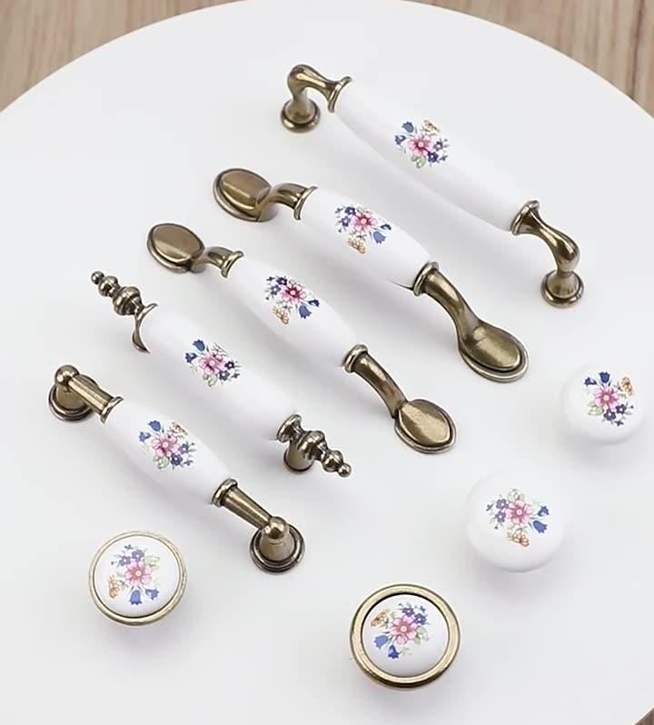Vintage Floral Ceramic Metal Cabinet Handles Knobs Bronze Finish Drawers Wardrobes Dressers Kitchen Furniture Rustic Home Interior Design