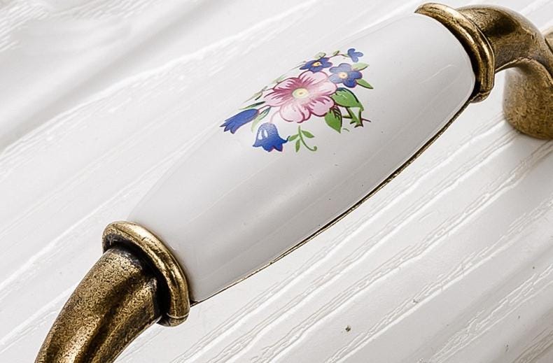 Vintage Floral Ceramic Metal Cabinet Handles Knobs Bronze Finish Drawers Wardrobes Dressers Kitchen Furniture Rustic Home Interior Design