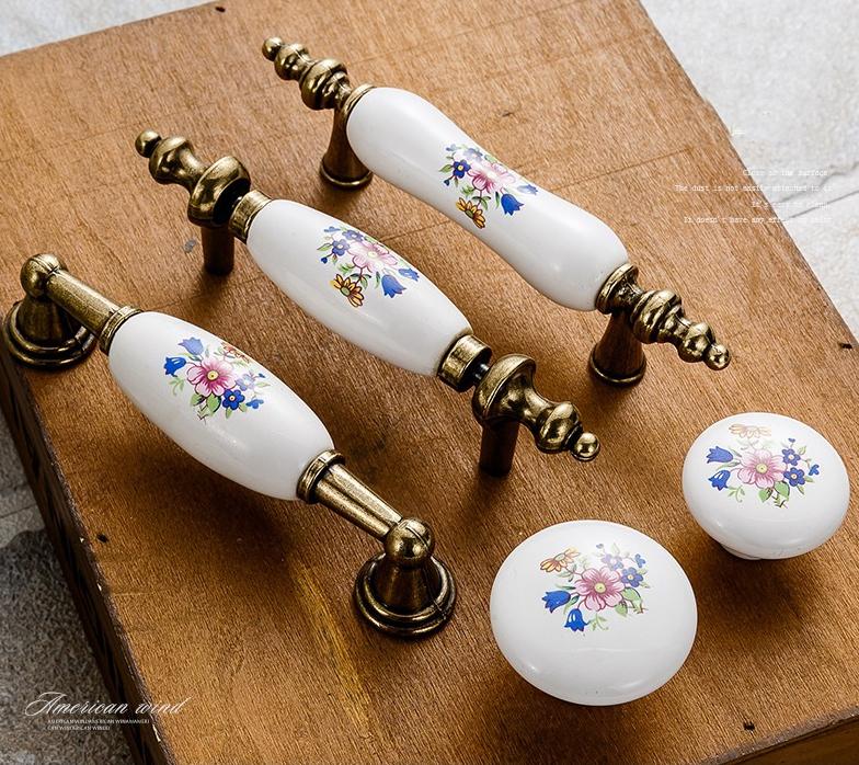 Vintage Floral Ceramic Metal Cabinet Handles Knobs Bronze Finish Drawers Wardrobes Dressers Kitchen Furniture Rustic Home Interior Design