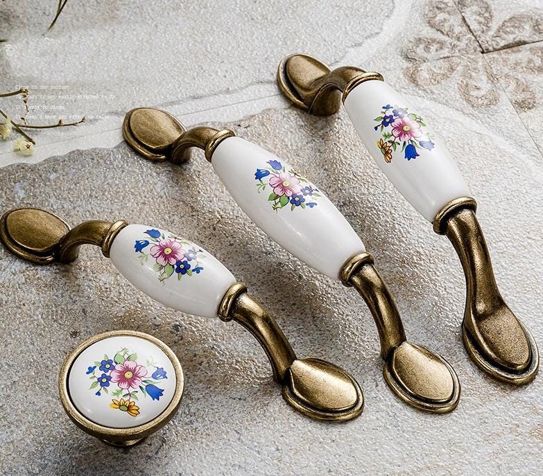 Vintage Floral Ceramic Metal Cabinet Handles Knobs Bronze Finish Drawers Wardrobes Dressers Kitchen Furniture Rustic Home Interior Design