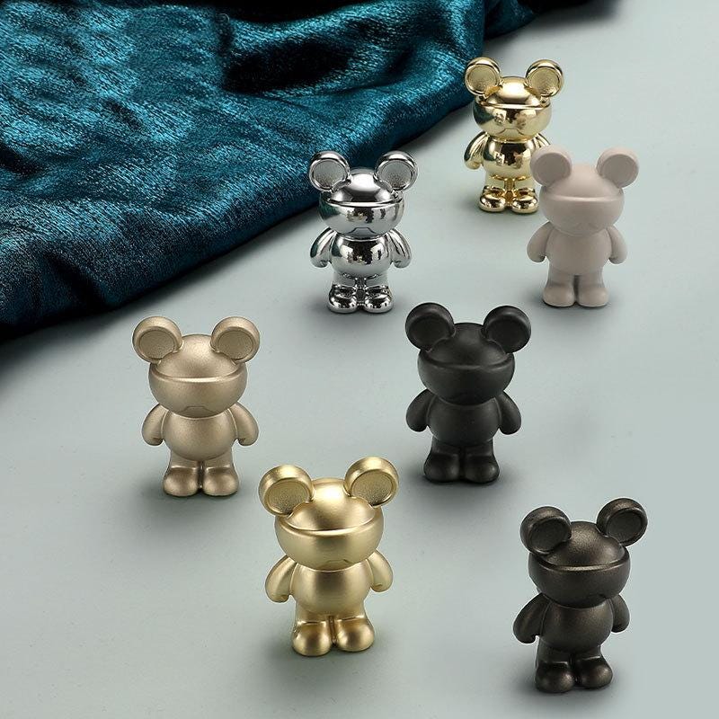 Modern Cute Bear Shape Metal Cabinet Knobs Kids Room Dresser Drawer Gold Silver Black Brass White Finishes Decorative Furniture Pulls