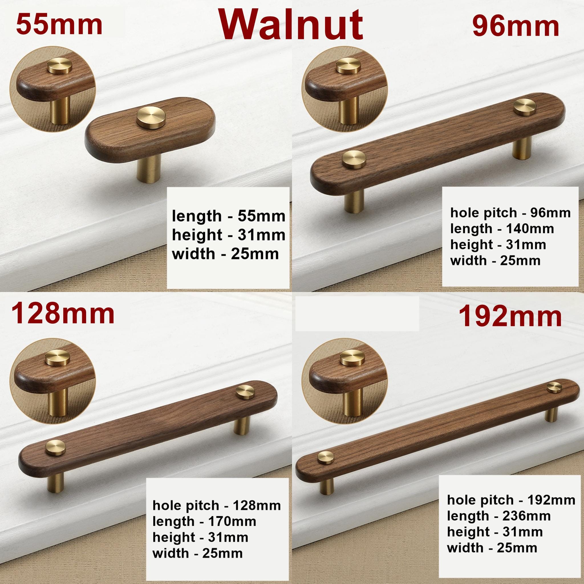 Wood Cabinet Pulls & Knobs - Gold Finish for Cabinets & Drawers - Beech 128mm / 1pc