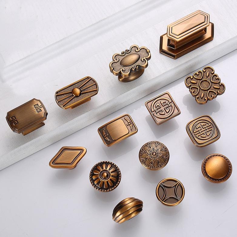 Vintage Yellow Bronze Metal Cabinet Handles Knobs Classic Baroque Neoclassical Dresser Drawer Closet Cupboard Furniture Restoration
