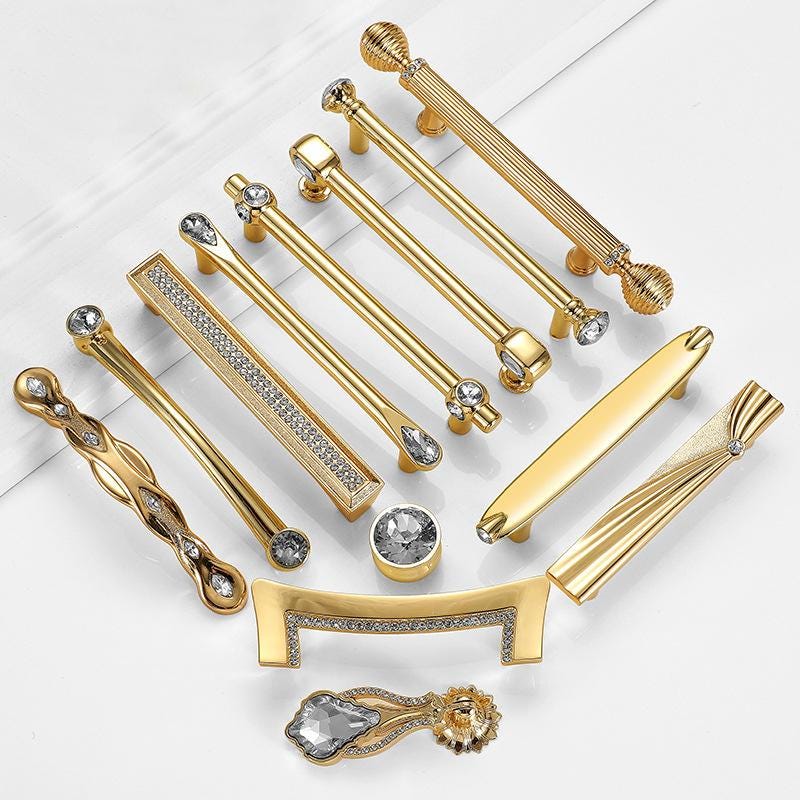 Luxury Gold Crystal Metal Cabinet Handles Deco Glamorous Drawer Pulls Diamond Glass Knobs Furniture Hardware Kitchen Closet Dresser Cupboard