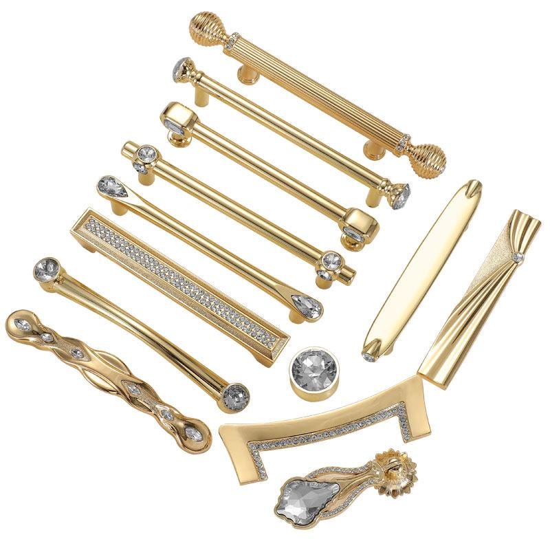 Luxury Gold Crystal Metal Cabinet Handles Deco Glamorous Drawer Pulls Diamond Glass Knobs Furniture Hardware Kitchen Closet Dresser Cupboard