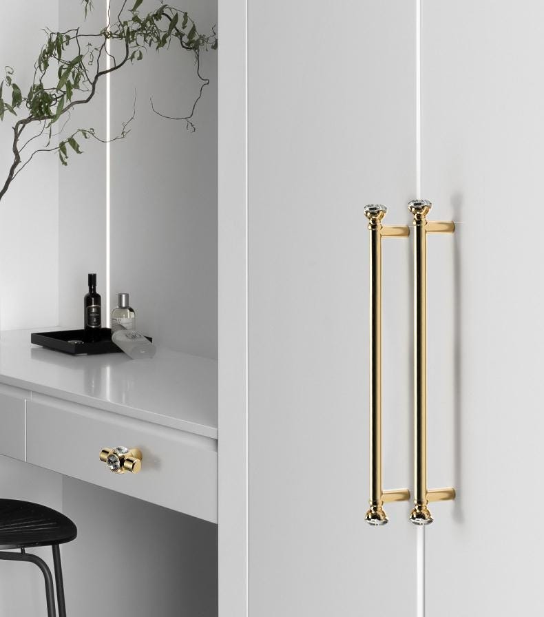 Luxury Gold Crystal Metal Cabinet Handles Deco Glamorous Drawer Pulls Diamond Glass Knobs Furniture Hardware Kitchen Closet Dresser Cupboard