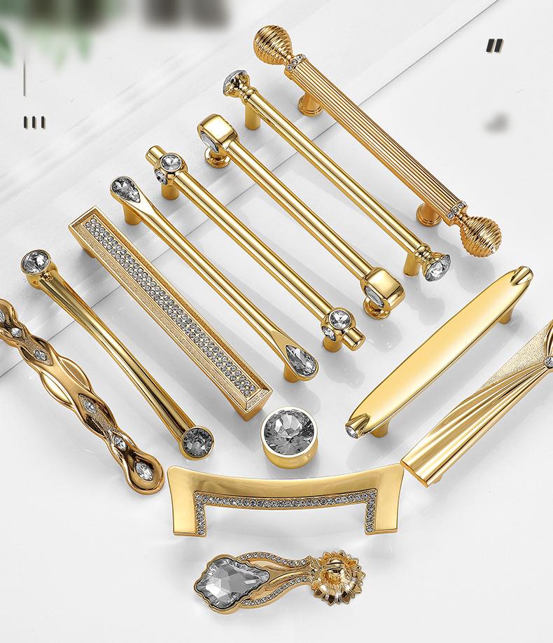 Luxury Gold Crystal Metal Cabinet Handles Deco Glamorous Drawer Pulls Diamond Glass Knobs Furniture Hardware Kitchen Closet Dresser Cupboard