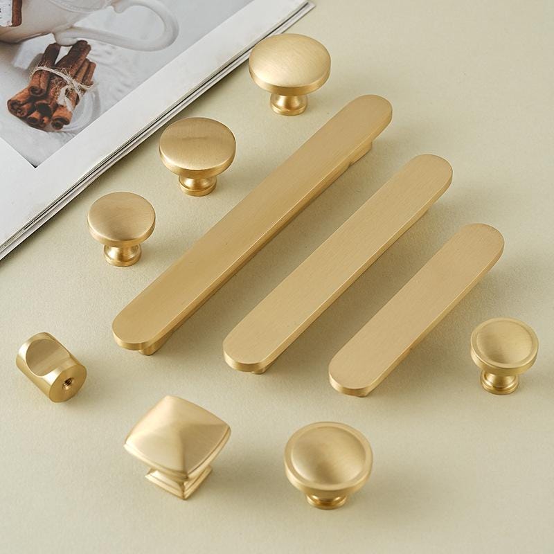 Solid Brass Cabinet Handles Knobs Set Matte Gold Finish for Modern and Classic Kitchen Furniture Drawers Doors and Cupboards Upgrade Decor