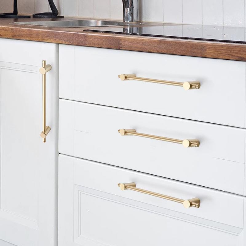 Solid Brass Cylinder Cabinet Pulls Minimalist Kitchen Handles T Knobs for Modern Drawers Wardrobes Cupboards in Gold Finish