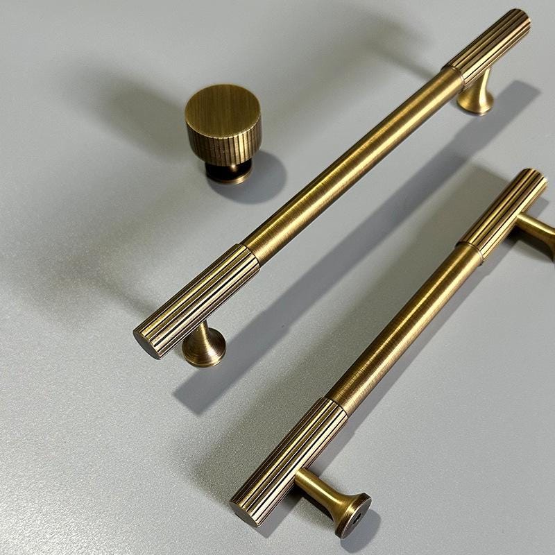 Solid Brass Textured Cabinet Handles Ribbed Drawer Pulls Bronze T Bar Round Knobs for Kitchen Dresser Wardrobe Furniture Hardware