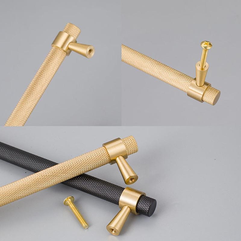 Solid Brass Knurled T Bar Cabinet Handles Gold Drawer Pulls Modern Textured Hardware for Kitchen Wardrobe Furniture and Cupboard Design