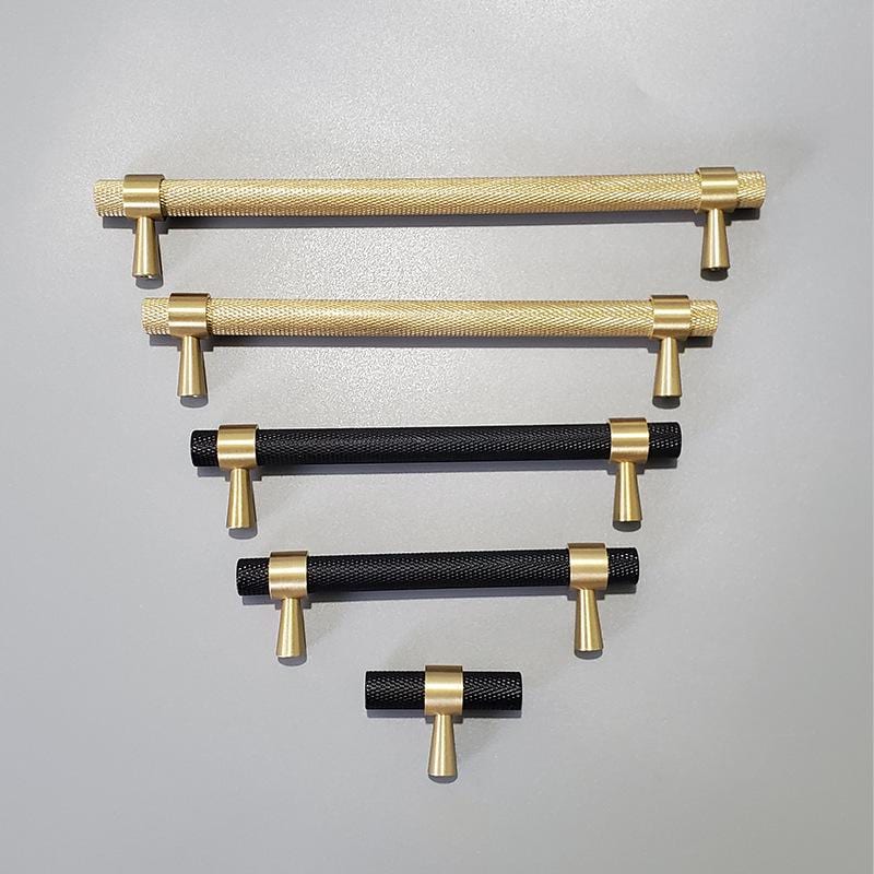 Solid Brass Knurled T Bar Cabinet Handles Gold Drawer Pulls Modern Textured Hardware for Kitchen Wardrobe Furniture and Cupboard Design