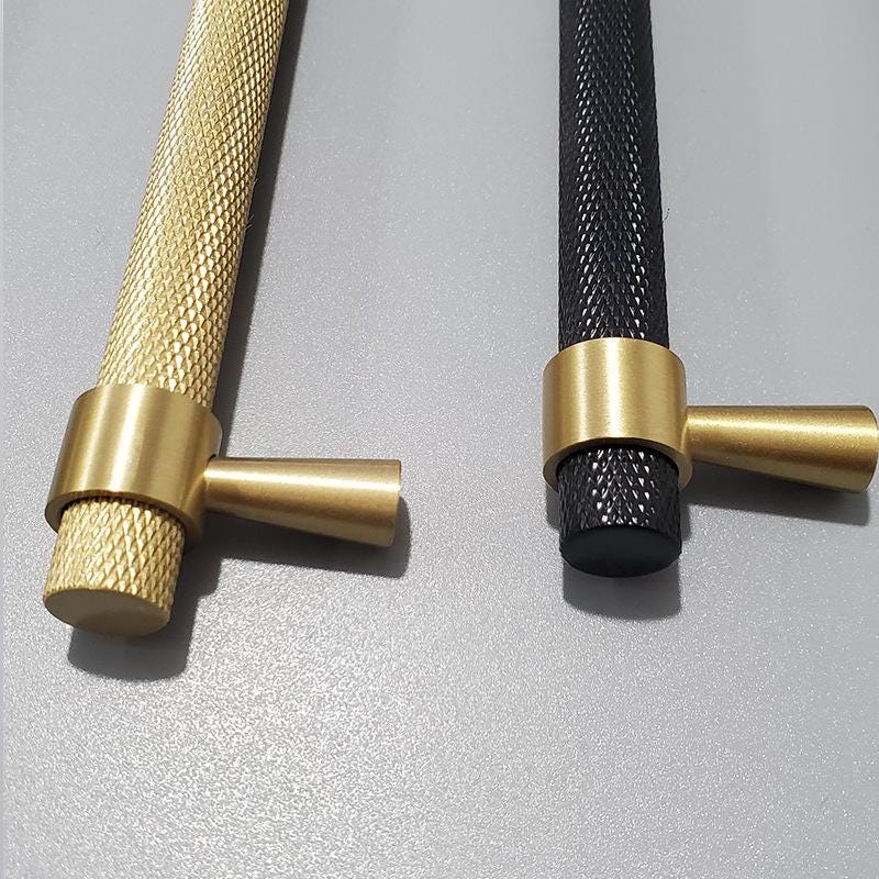 Solid Brass Knurled T Bar Cabinet Handles Gold Drawer Pulls Modern Textured Hardware for Kitchen Wardrobe Furniture and Cupboard Design