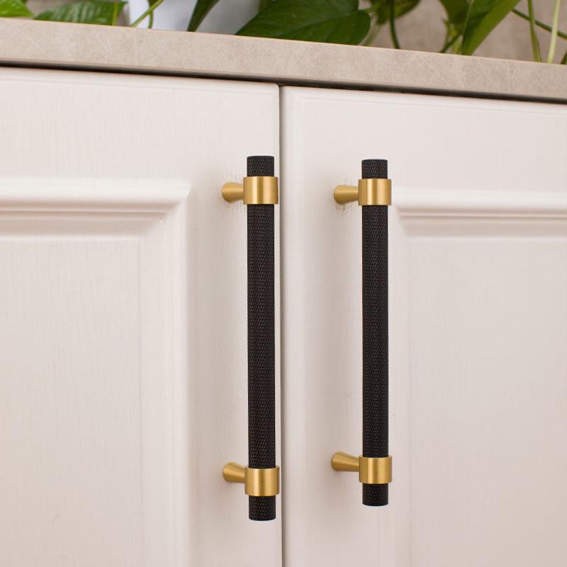 Solid Brass Knurled T Bar Cabinet Handles Gold Drawer Pulls Modern Textured Hardware for Kitchen Wardrobe Furniture and Cupboard Design