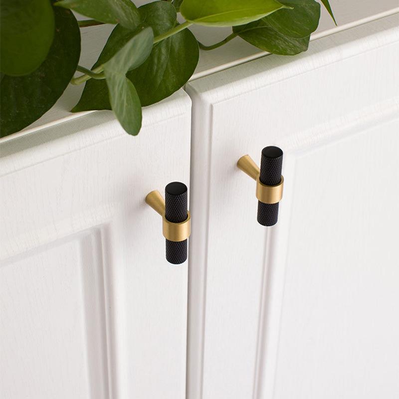 Solid Brass Knurled T Bar Cabinet Handles Gold Drawer Pulls Modern Textured Hardware for Kitchen Wardrobe Furniture and Cupboard Design