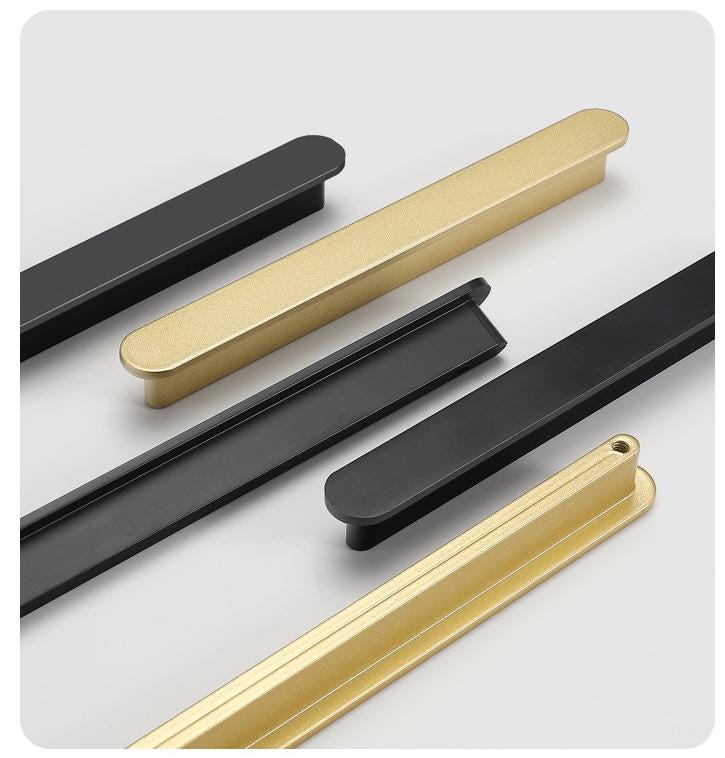 Modern Minimalist Rectangular Metal Cabinet Handles Black Gold Drawer Pulls Sleek Scandinavian Style Furniture Hardware Kitchen Closet Doors