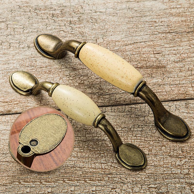 Vintage Country Ceramic Metal Cabinet Pull Handles Ivory Bronze Drawer Knobs Retro Rustic Dresser Handles Antique Kitchen Furniture Hardware
