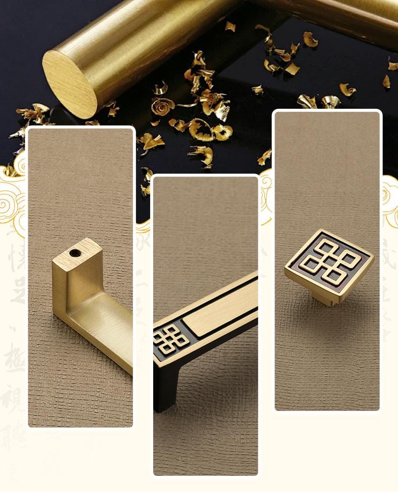 Oriental Asian Style Solid Brass Cabinet Handles Geometric Pattern Drawer Pulls Gold Black Beige Knobs Modern Hardware Kitchen Bathroom