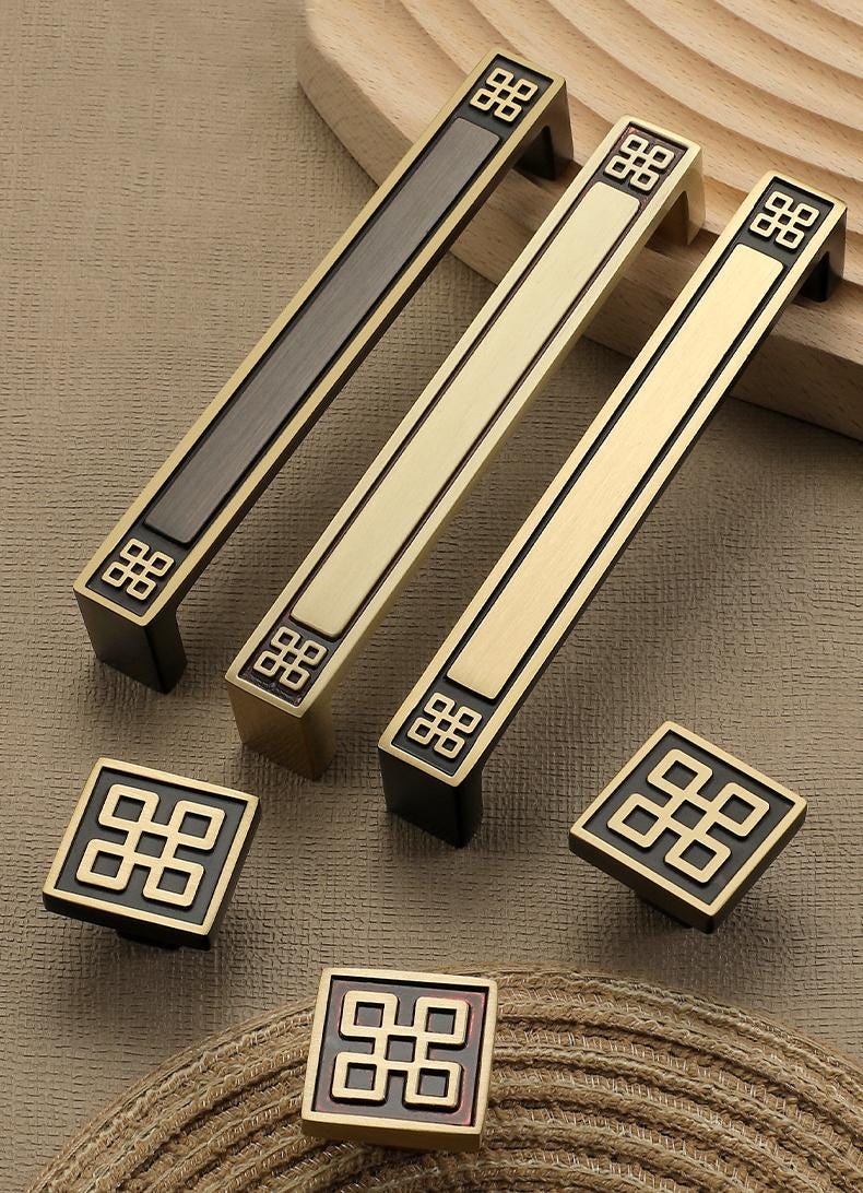 Oriental Asian Style Solid Brass Cabinet Handles Geometric Pattern Drawer Pulls Gold Black Beige Knobs Modern Hardware Kitchen Bathroom