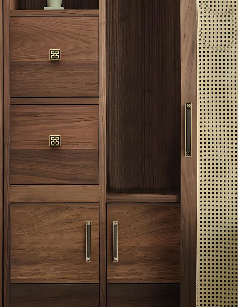 Oriental Asian Style Solid Brass Cabinet Handles Geometric Pattern Drawer Pulls Gold Black Beige Knobs Modern Hardware Kitchen Bathroom