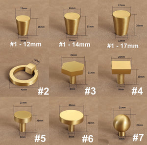 Solid Brass Round Cabinet Pulls & Knobs - Brushed Gold Finish - #1 - 14mm / 1pc