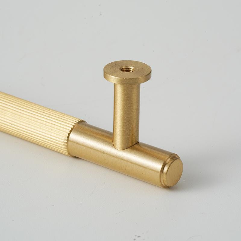 Solid Brass Textured T Bar Cabinet Handles Knurled Drawer Pulls Modern Brushed Gold Furniture Hardware for Kitchen Wardrobe Doors