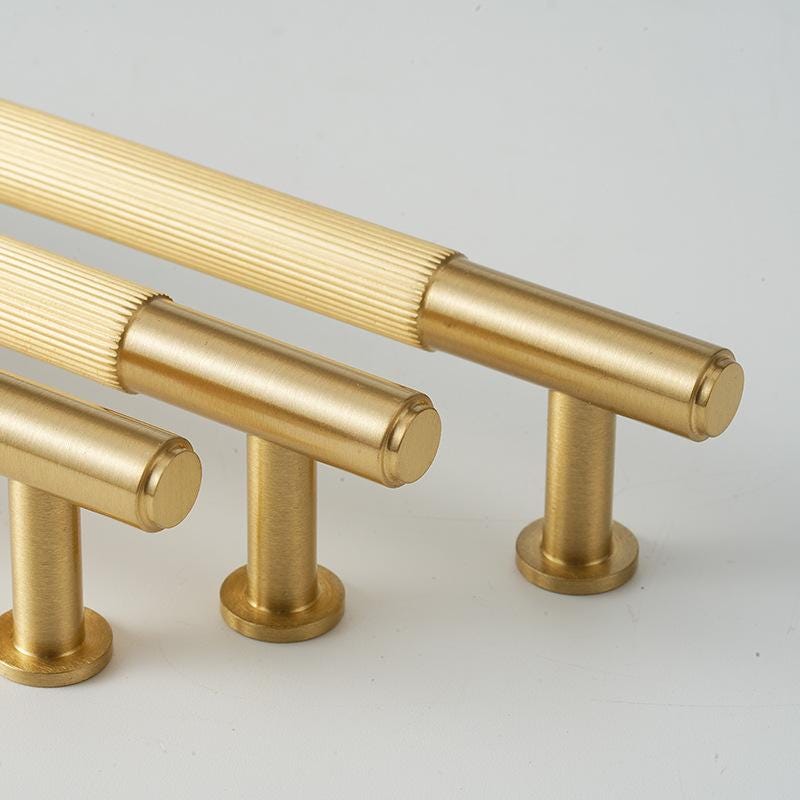 Solid Brass Textured T Bar Cabinet Handles Knurled Drawer Pulls Modern Brushed Gold Furniture Hardware for Kitchen Wardrobe Doors
