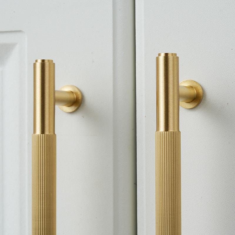 Solid Brass Textured T Bar Cabinet Handles Knurled Drawer Pulls Modern Brushed Gold Furniture Hardware for Kitchen Wardrobe Doors