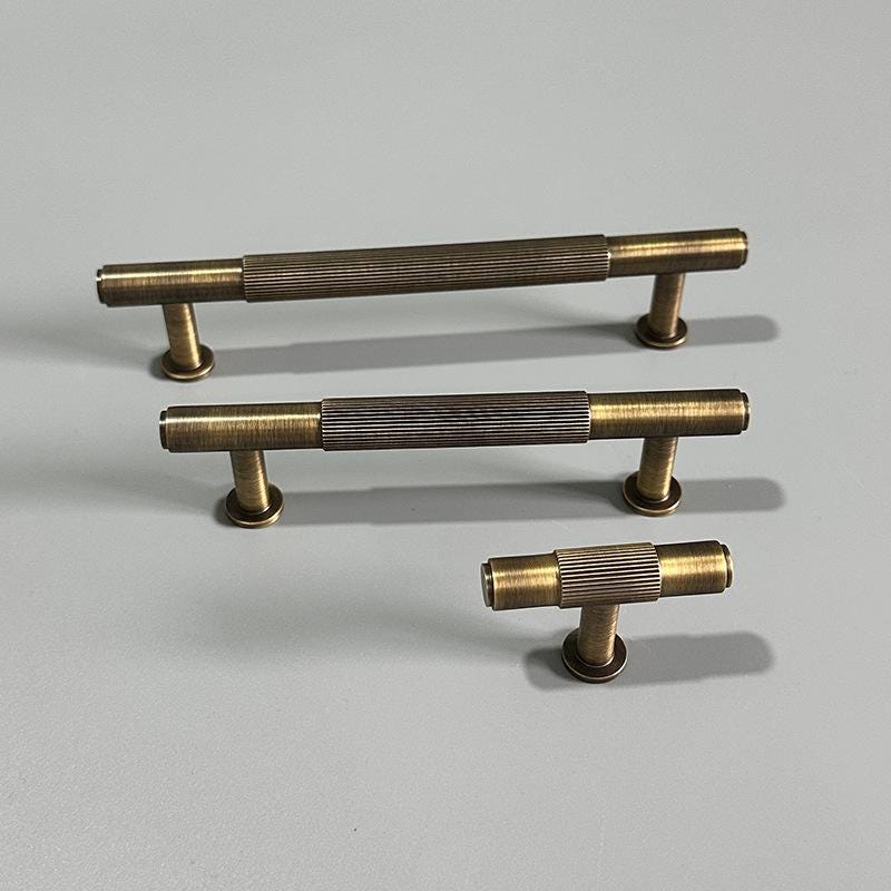 Solid Brass Textured T Bar Cabinet Handles Knurled Drawer Pulls Modern Brushed Gold Furniture Hardware for Kitchen Wardrobe Doors
